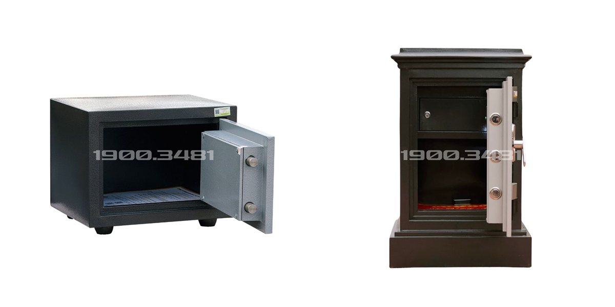 Két sắt mini KE28 A 25 kg và két gia đình KP80 SU 80 kg mở cửa, nhìn thấy lòng két