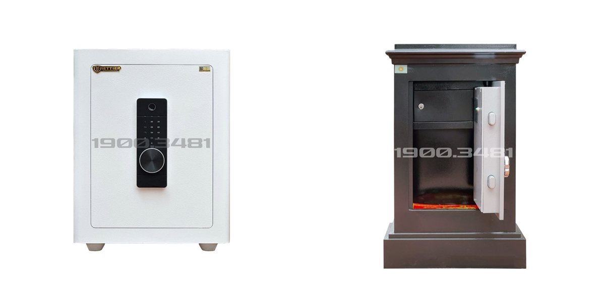 Két sắt điện tử VSC65 Pro D màu trắng bảng khóa dọc và KR76 Pro mở cửa