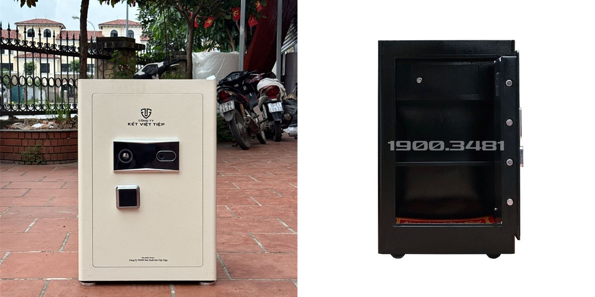 Két sắt NEO H68 màu trắng kem chụp thực tế và két VSC98 Pro mở cửa