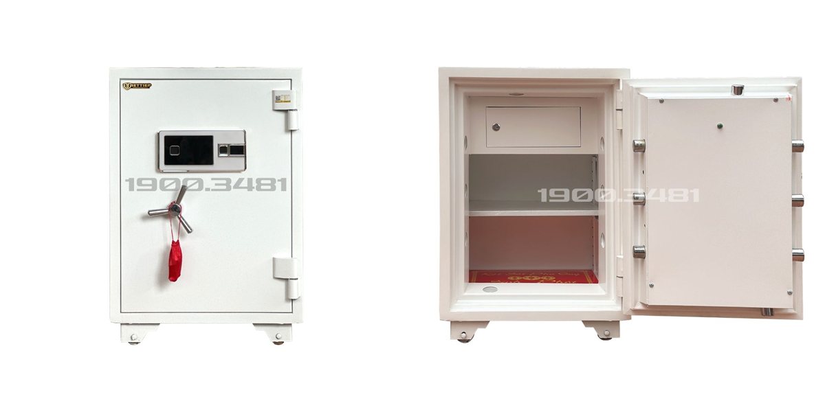Két sắt SC720 Pro màu trắng đóng cửa và mở cửa, bên trong có ngăn phụ khóa riêng