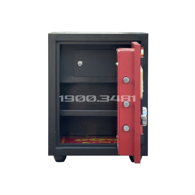 Két sắt KE54 Pro màu đen đỏ mở cửa, lòng két chia ngăn