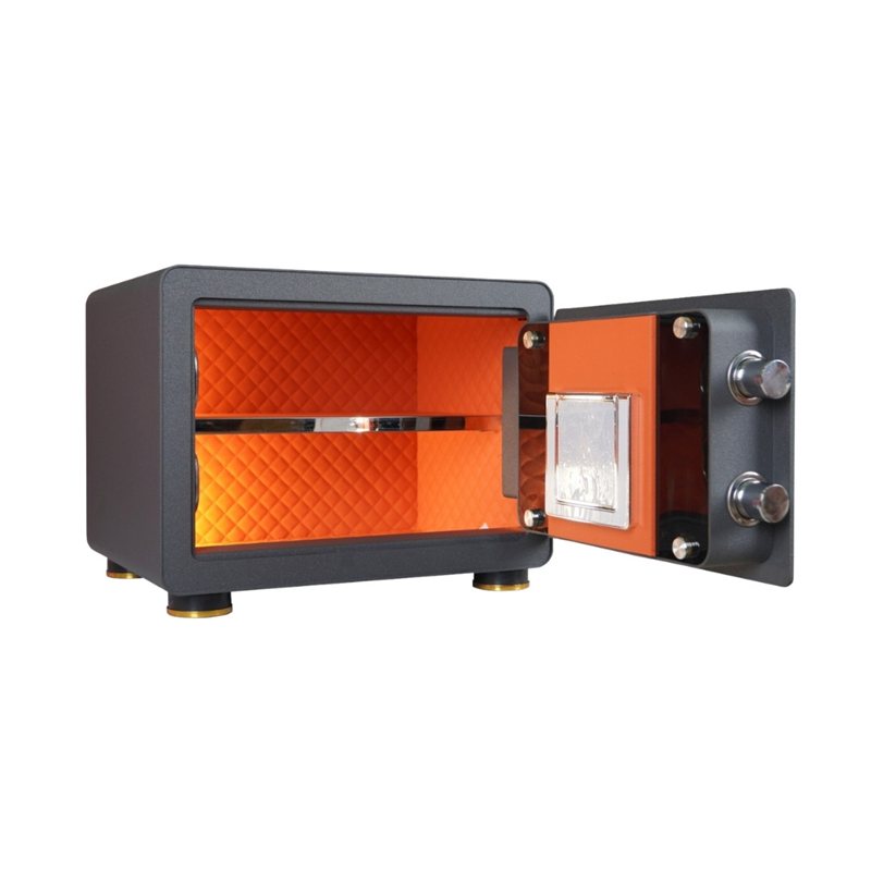 Két sắt mini Liberty LB30S màu nỉ xám mở cửa, nội thất bọc da cam